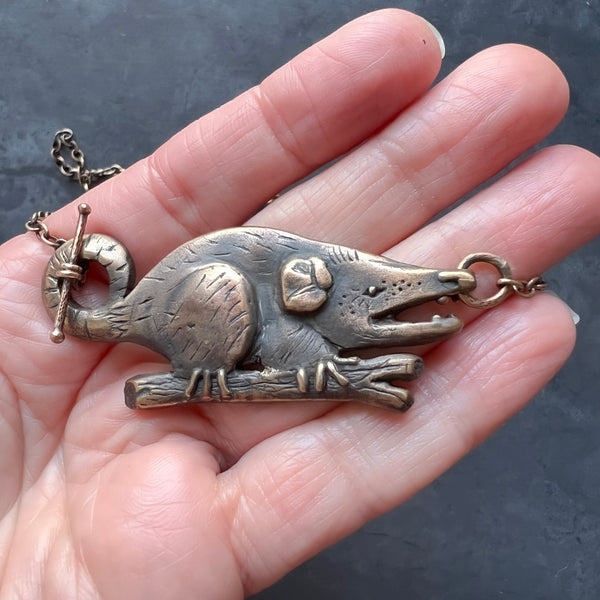 Bronze Opossum Necklace – Handmade Animal Pendant, Wildlife Jewelry, Recycled Bronze, Nature Lover Gift, Statement Jewelry
