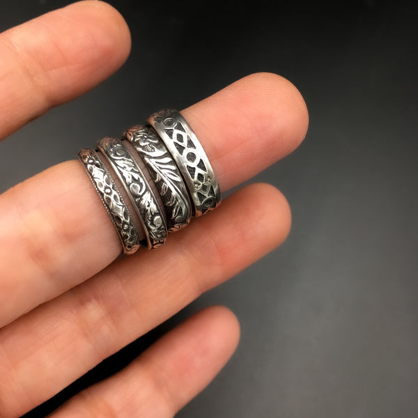 Handmade 4mm Sterling Silver Victorian Botanical Patterned Ring Band