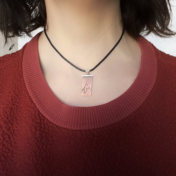 Adjustable Vegan Choker with Copper and Silver Praying Mantis Pendant β 14" Choker with 2" Sterling Silver Extension Chain