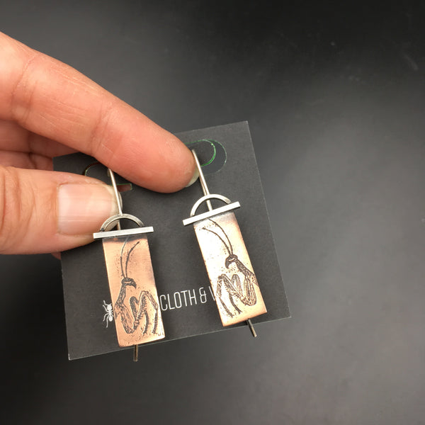 Unique Sterling Silver and Antiqued Copper Praying Mantis Earrings for Insect Jewelry Lovers