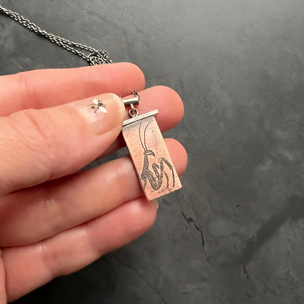 Customizable Handmade Praying Mantis Necklace in Sterling Silver and Copper — Perfect for Entomologists,  Insect Lovers, and Gardeners!
