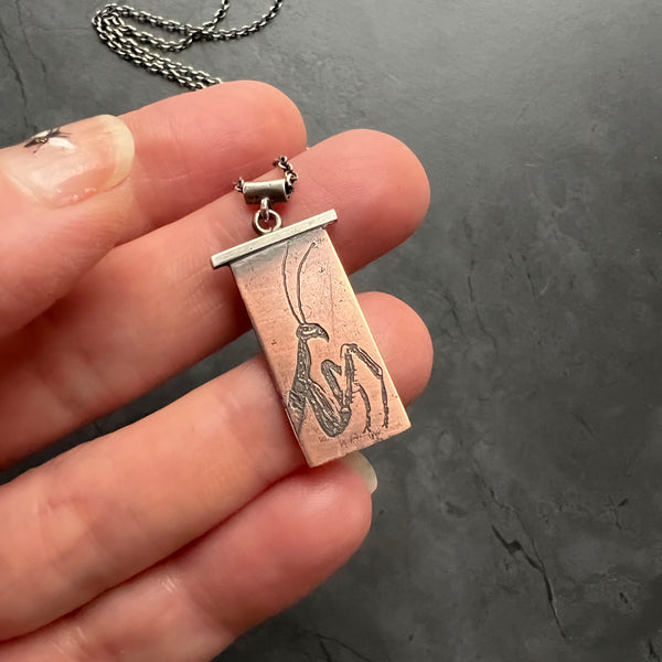 Customizable Handmade Praying Mantis Necklace in Sterling Silver and Copper — Perfect for Entomologists,  Insect Lovers, and Gardeners!