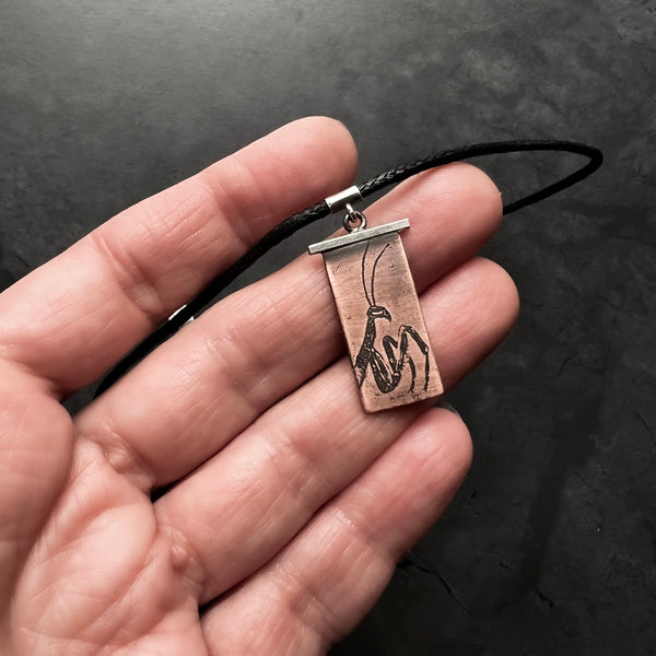 Adjustable Vegan Choker with Copper and Silver Praying Mantis Pendant β 14" Choker with 2" Sterling Silver Extension Chain