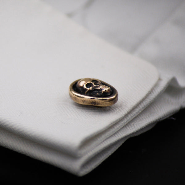Handcrafted Brass Skull Cufflinks – Gothic Wedding Jewelry | Antiqued Gender Neutral Gold Cuff Links | Rocker, Biker & Alternative Formalwear Gift