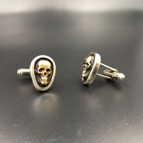 Handcrafted Sterling Silver Skull Cufflinks with Brass Accents – Gothic Wedding Jewelry | Unisex Antiqued Cuff Links for Men & Women