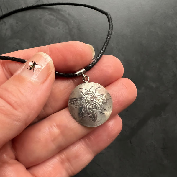 Sterling Silver 13" to 16" Wasp Choker Necklace with Vegan Waxed Cotton Cord and 3" Adjustable Sterling Silver Chain for Perfect Fit!