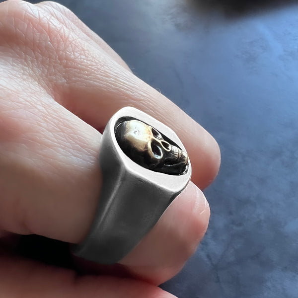 Skull Signet Ring – Chunky Sterling Silver and Brass Ring – Gothic Skull Jewelry – Handmade Statement Ring – Unisex Signet – Recycled Silver
