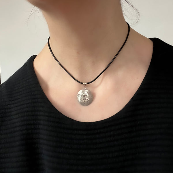 Sterling Silver 13" to 16" Wasp Choker Necklace with Vegan Waxed Cotton Cord and 3" Adjustable Sterling Silver Chain for Perfect Fit!