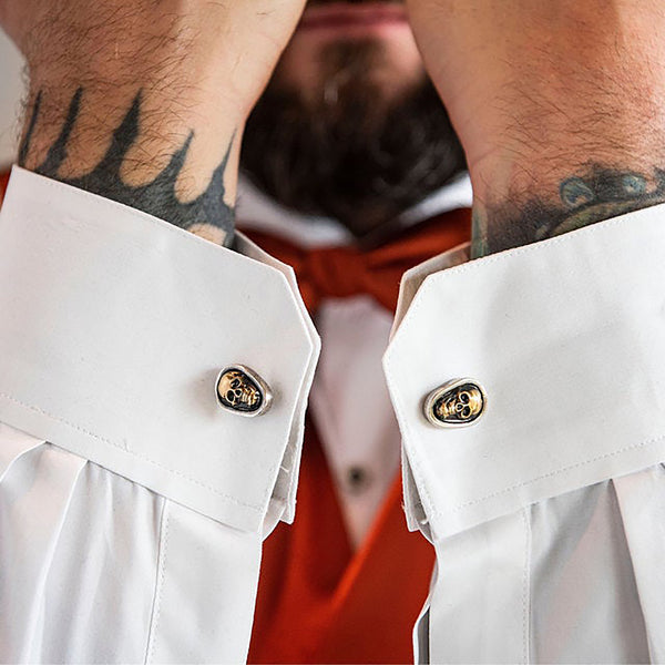 Handcrafted Sterling Silver Skull Cufflinks with Brass Accents – Gothic Wedding Jewelry | Unisex Antiqued Cuff Links for Men & Women