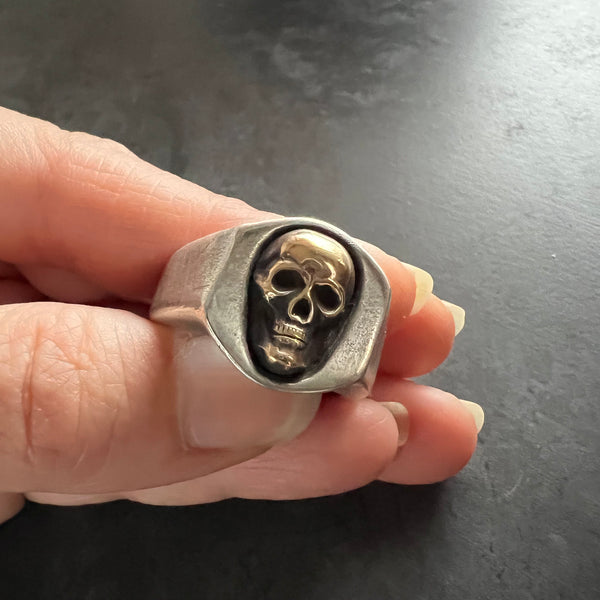 Skull Signet Ring – Chunky Sterling Silver and Brass Ring – Gothic Skull Jewelry – Handmade Statement Ring – Unisex Signet – Recycled Silver