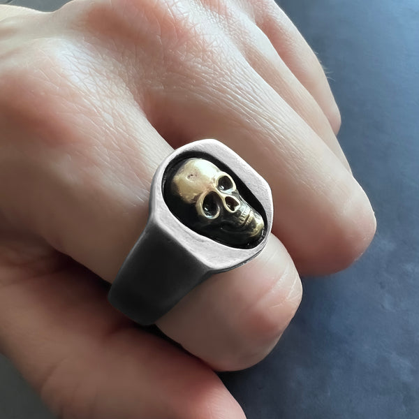 Skull Signet Ring – Chunky Sterling Silver and Brass Ring – Gothic Skull Jewelry – Handmade Statement Ring – Unisex Signet – Recycled Silver