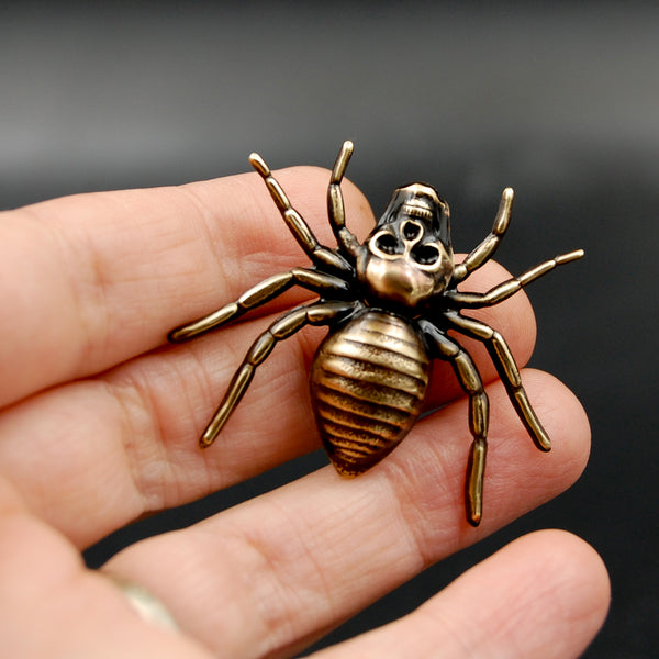 Handmade Spooky Spider Pin with Human Skull, Unique Brooch Perfect for Halloween Active