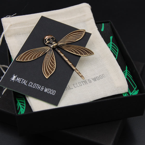 Handmade Flying Skull Pin with Dragonfly Body, Unique Brooch Perfect for Halloween
