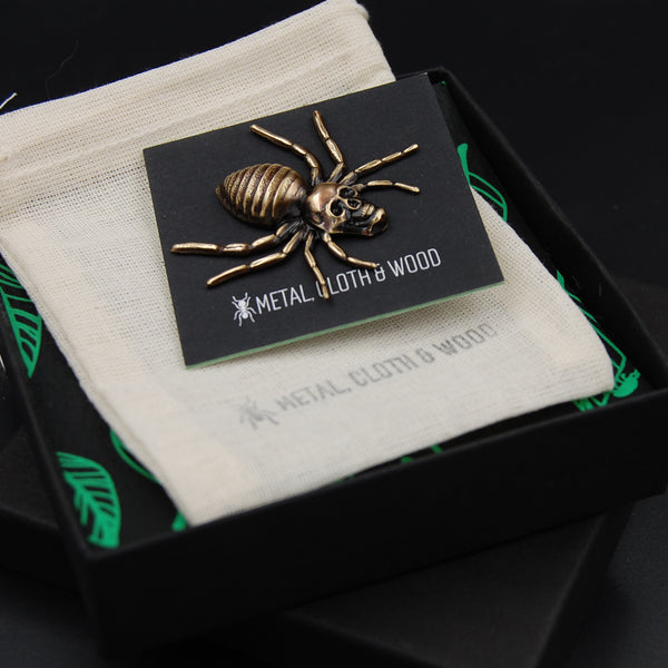 Handmade Spooky Spider Pin with Human Skull, Unique Brooch Perfect for Halloween Active