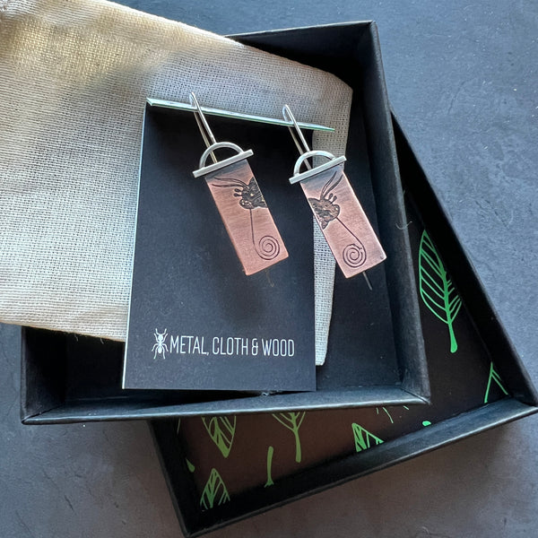 Handmade Moth Face Insect Jewelry Earrings in Antiqued Copper & Sterling Silver