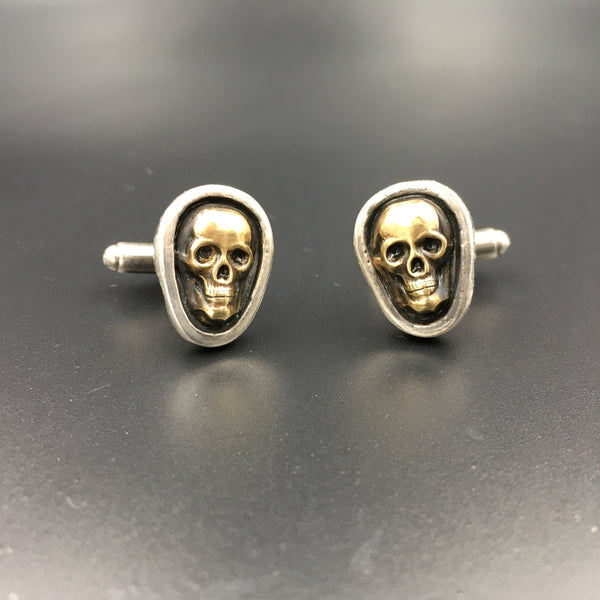 Handcrafted Sterling Silver Skull Cufflinks with Brass Accents – Gothic Wedding Jewelry | Unisex Antiqued Cuff Links for Men & Women
