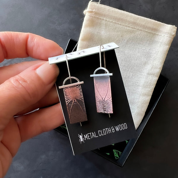 Handmade House Centipede Insect Earrings in Copper & Sterling Silver
