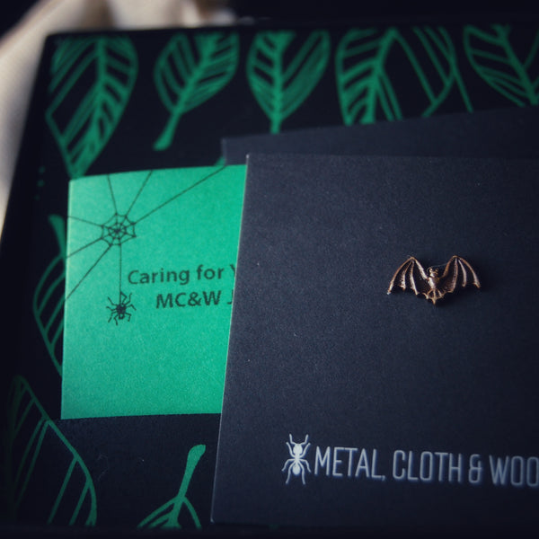 Tiny Brass Vampire Bat Tie Tack or Pin — Available in Both Bright Gold and Antiqued Brass Finishes
