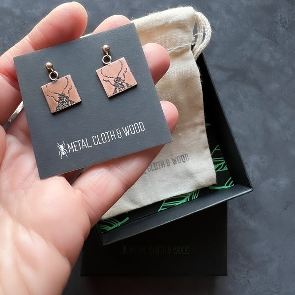 Handmade Copper and Rose Gold Filled Dangle Stud Earrings with Beetles -- Unique Bug Lover Gift!