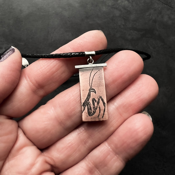 Adjustable Vegan Choker with Copper and Silver Praying Mantis Pendant β 14" Choker with 2" Sterling Silver Extension Chain