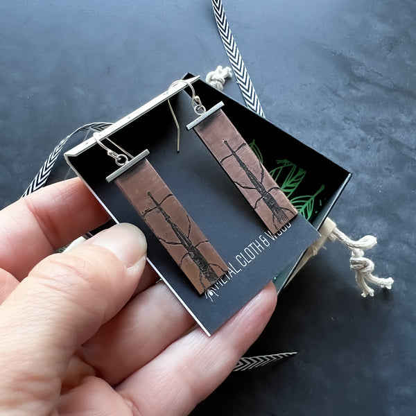 Handmade Giraffe Weevil Insect Earrings in Sterling Silver & Copper --  Unique Gift for Your Favorite Insect Lover!