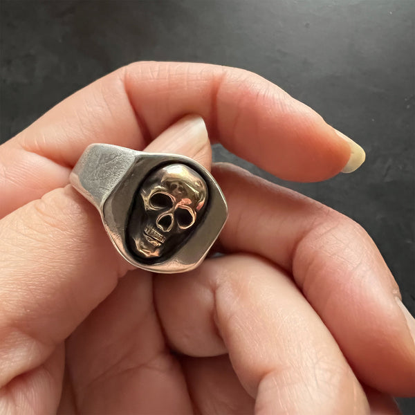 Skull Signet Ring – Chunky Sterling Silver and Brass Ring – Gothic Skull Jewelry – Handmade Statement Ring – Unisex Signet – Recycled Silver
