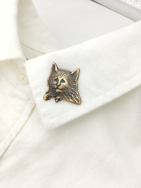 Brass Nervous Cat Pin or Brooch