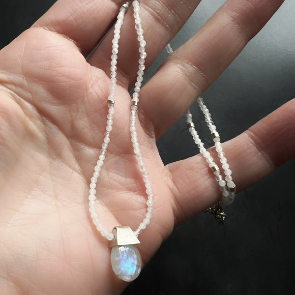 Moonstone Necklace, Sterling Silver Beaded Necklace, Minimalist Gemstone Necklace, Adjustable Boho Jewelry, Ready to Ship Gift