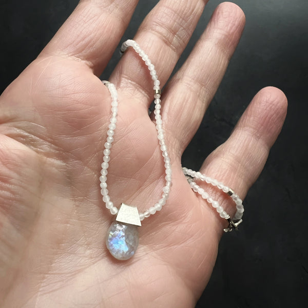 Moonstone Necklace, Sterling Silver Beaded Necklace, Minimalist Gemstone Necklace, Adjustable Boho Jewelry, Ready to Ship Gift