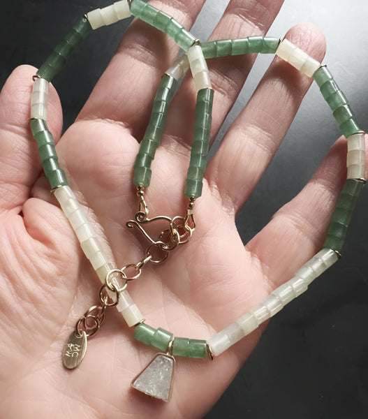Aventurine Prehnite and Gold Filled Beaded Necklace, Adjustable Mermaid Boho Jewelry
