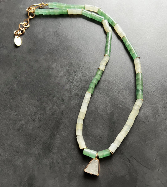 Aventurine Prehnite and Gold Filled Beaded Necklace, Adjustable Mermaid Boho Jewelry