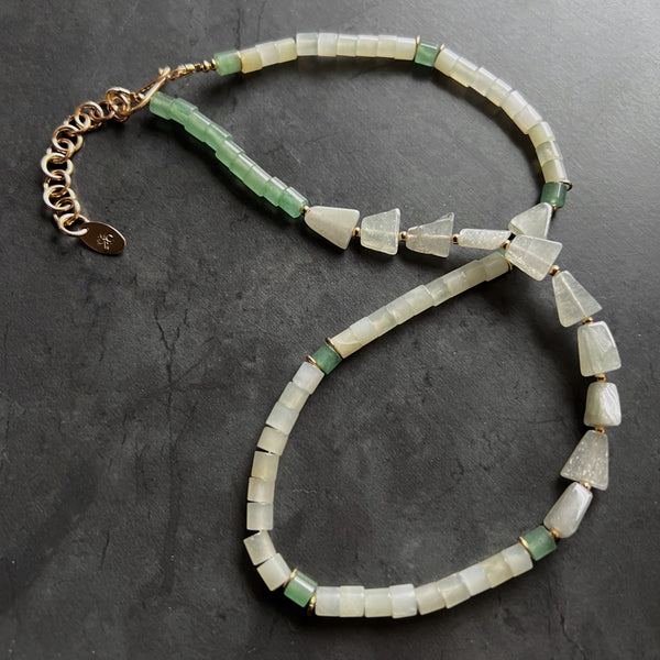 Seafoam Green Necklace, Aventurine Prehnite Necklace, Asymmetrical Gold Filled Necklace, Mermaid Gemstone Jewelry, Adjustable Boho Gift