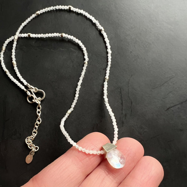 Moonstone Necklace, Sterling Silver Beaded Necklace, Minimalist Gemstone Necklace, Adjustable Boho Jewelry, Ready to Ship Gift
