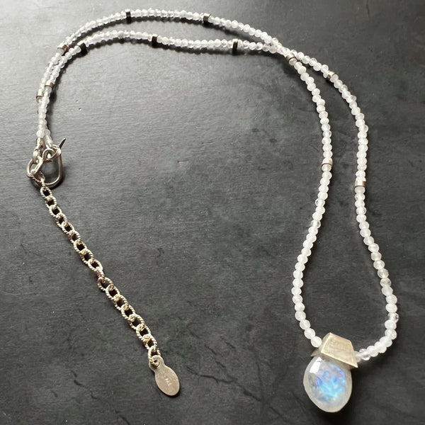 Moonstone Necklace, Sterling Silver Beaded Necklace, Minimalist Gemstone Necklace, Adjustable Boho Jewelry, Ready to Ship Gift