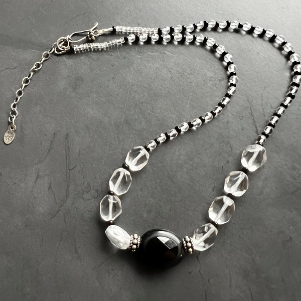 Quartz Crystal Choker, Black and Silver Choker Necklace, Sterling Silver Beaded Choker, Adjustable Layering Necklace, Ready to Ship Gift