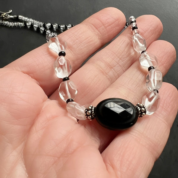 Quartz Crystal Choker, Black and Silver Choker Necklace, Sterling Silver Beaded Choker, Adjustable Layering Necklace, Ready to Ship Gift