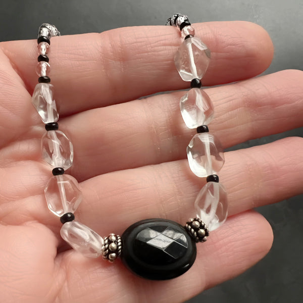 Quartz Crystal Choker, Black and Silver Choker Necklace, Sterling Silver Beaded Choker, Adjustable Layering Necklace, Ready to Ship Gift
