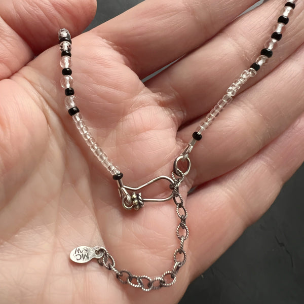 Quartz Crystal Choker, Black and Silver Choker Necklace, Sterling Silver Beaded Choker, Adjustable Layering Necklace, Ready to Ship Gift
