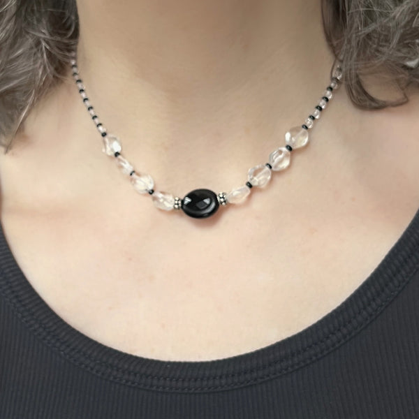 Quartz Crystal Choker, Black and Silver Choker Necklace, Sterling Silver Beaded Choker, Adjustable Layering Necklace, Ready to Ship Gift