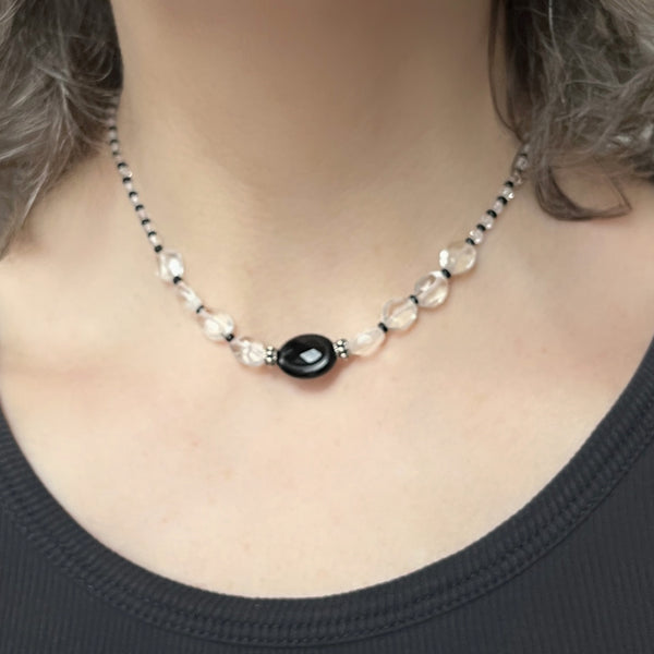 Quartz Crystal Choker, Black and Silver Choker Necklace, Sterling Silver Beaded Choker, Adjustable Layering Necklace, Ready to Ship Gift