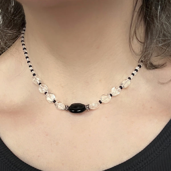 Quartz Crystal Choker, Black and Silver Choker Necklace, Sterling Silver Beaded Choker, Adjustable Layering Necklace, Ready to Ship Gift
