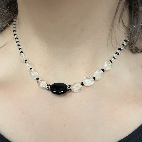 Quartz Crystal Choker, Black and Silver Choker Necklace, Sterling Silver Beaded Choker, Adjustable Layering Necklace, Ready to Ship Gift