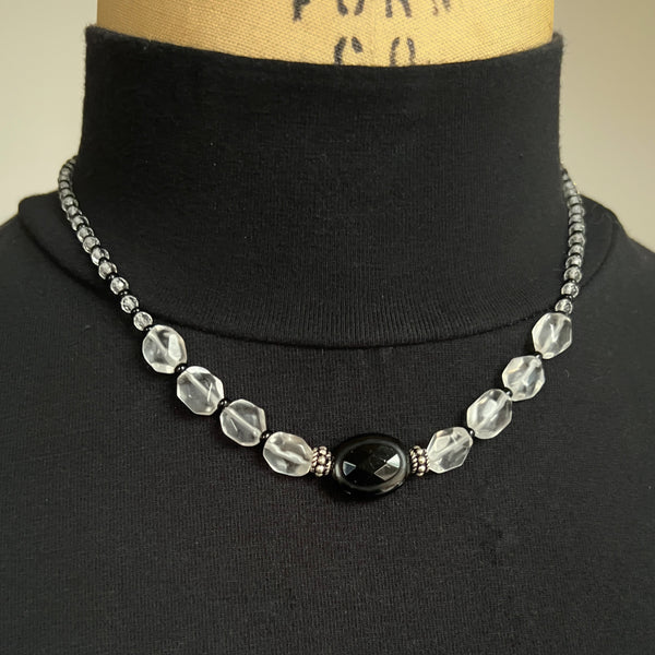 Quartz Crystal Choker, Black and Silver Choker Necklace, Sterling Silver Beaded Choker, Adjustable Layering Necklace, Ready to Ship Gift