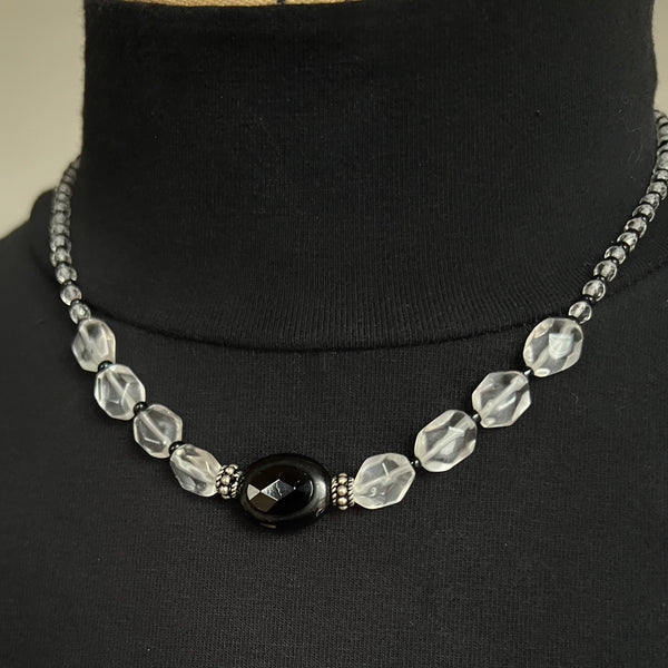 Quartz Crystal Choker, Black and Silver Choker Necklace, Sterling Silver Beaded Choker, Adjustable Layering Necklace, Ready to Ship Gift