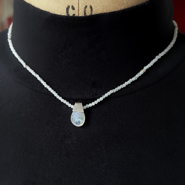 Moonstone Necklace, Sterling Silver Beaded Necklace, Minimalist Gemstone Necklace, Adjustable Boho Jewelry, Ready to Ship Gift