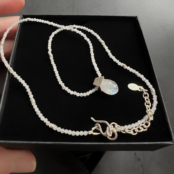 Moonstone Necklace, Sterling Silver Beaded Necklace, Minimalist Gemstone Necklace, Adjustable Boho Jewelry, Ready to Ship Gift