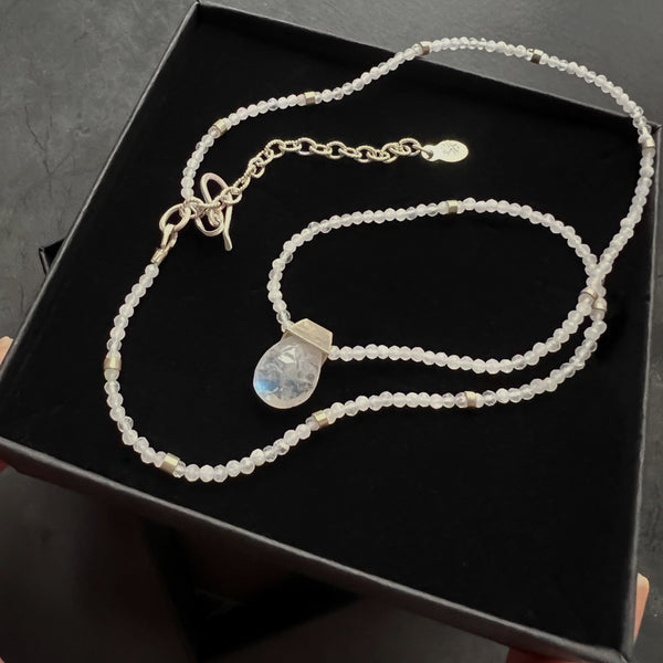 Moonstone Necklace, Sterling Silver Beaded Necklace, Minimalist Gemstone Necklace, Adjustable Boho Jewelry, Ready to Ship Gift