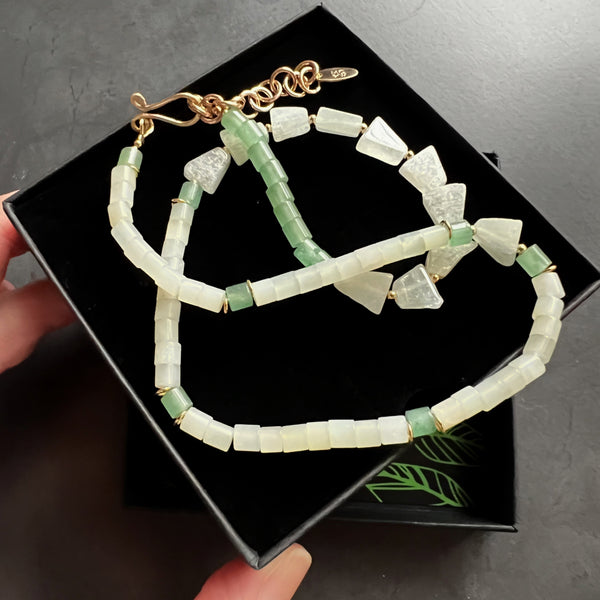 Seafoam Green Necklace, Aventurine Prehnite Necklace, Asymmetrical Gold Filled Necklace, Mermaid Gemstone Jewelry, Adjustable Boho Gift