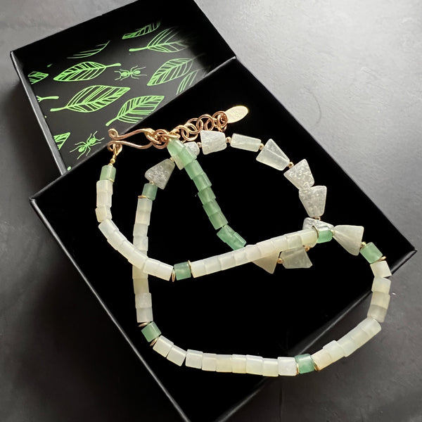 Seafoam Green Necklace, Aventurine Prehnite Necklace, Asymmetrical Gold Filled Necklace, Mermaid Gemstone Jewelry, Adjustable Boho Gift