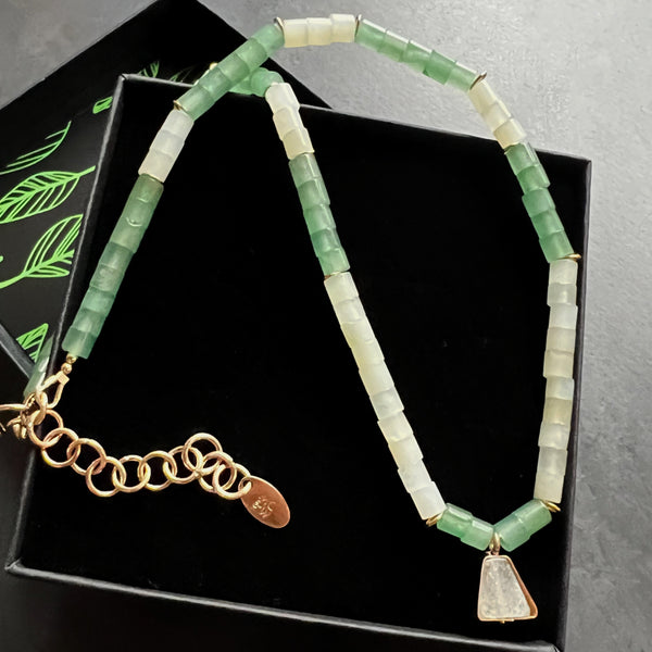 Aventurine Prehnite and Gold Filled Beaded Necklace, Adjustable Mermaid Boho Jewelry